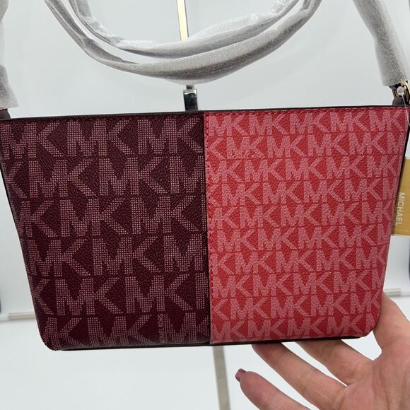 MICHAEL KORS JET SET SMALL ZIP CROSSBODY MK BAG 2 TONE OXBLOOD MERLOT PINK LOGO - Picture 3 of 12